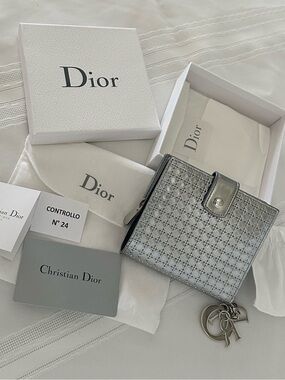 Dior Metallic Silver Cannage Leather Compact Wallet with Letter Charms